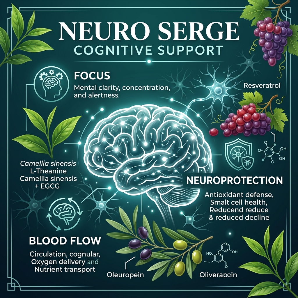 Pinterest Infographic showing Neuro Serge Cognitive Support pathways including focus, neuroprotection, and blood flow
